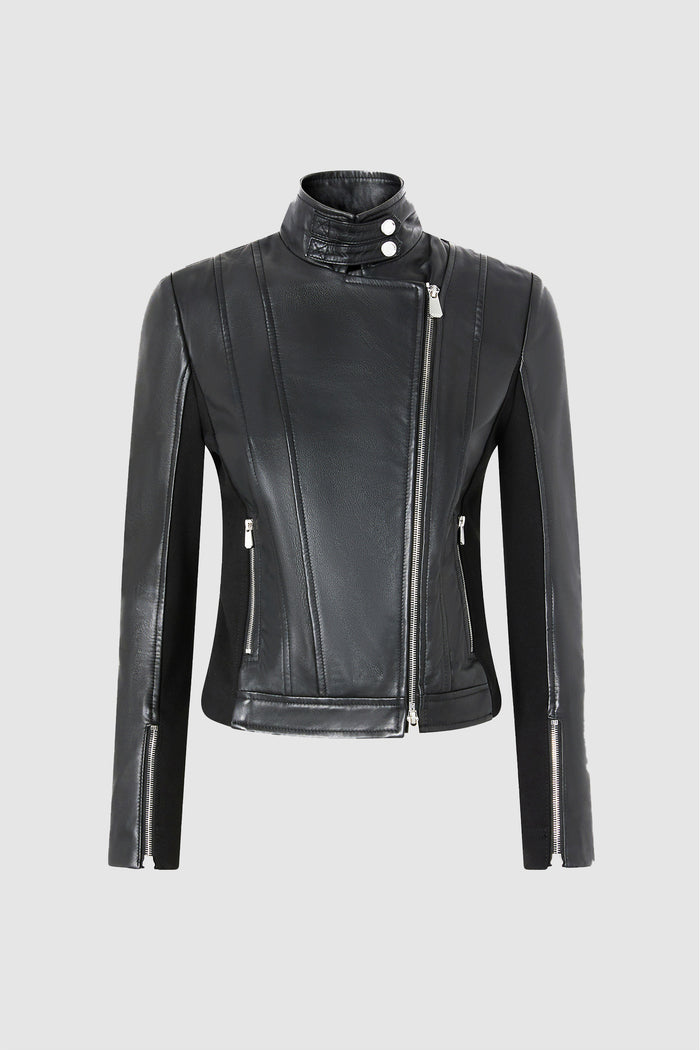 Giubbino biker in pelle con retro in tessuto