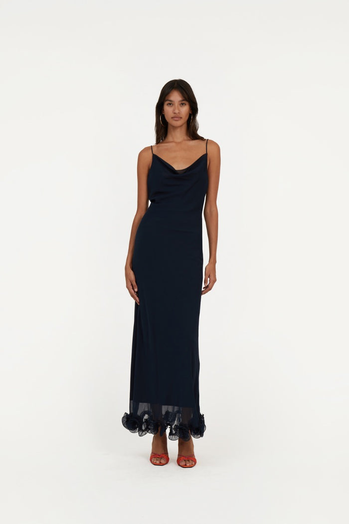 Abito sottoveste in chiffon con volant blu scuro-3