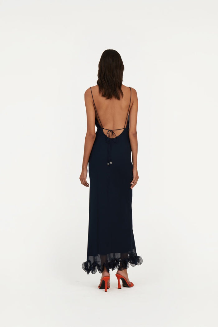 Abito sottoveste in chiffon con volant blu scuro-4