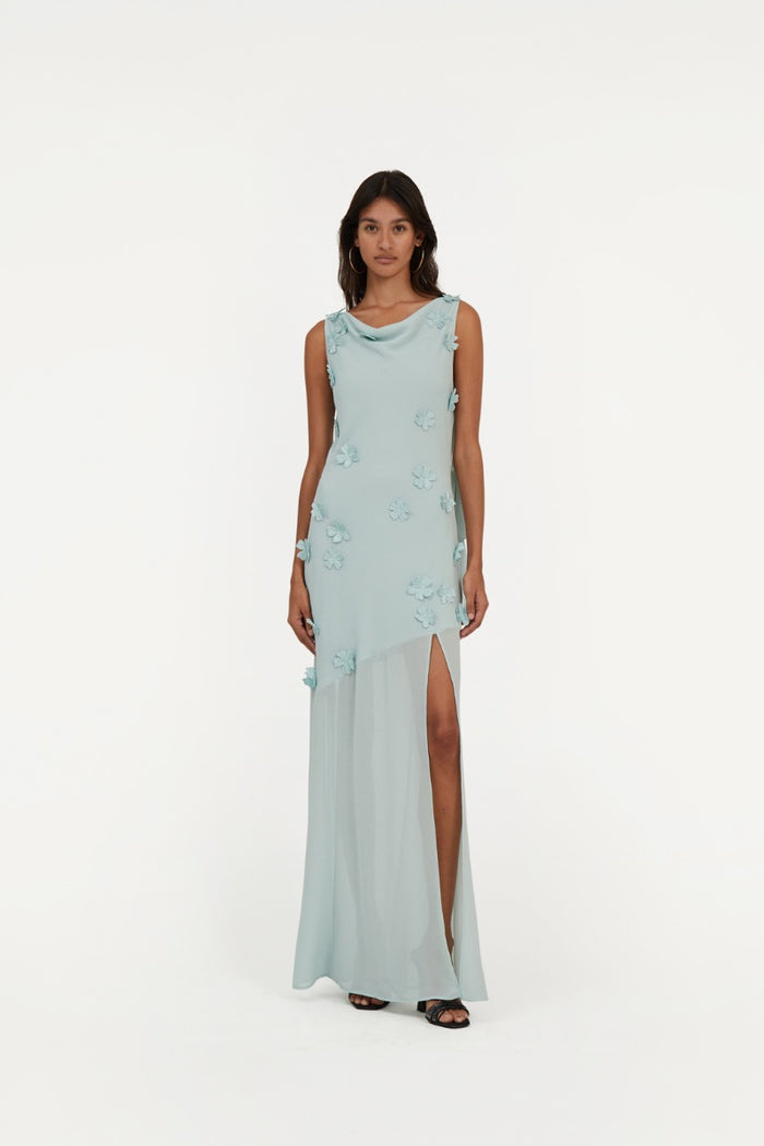 Abito lungo con scollo all'americana blu<BR/>-3