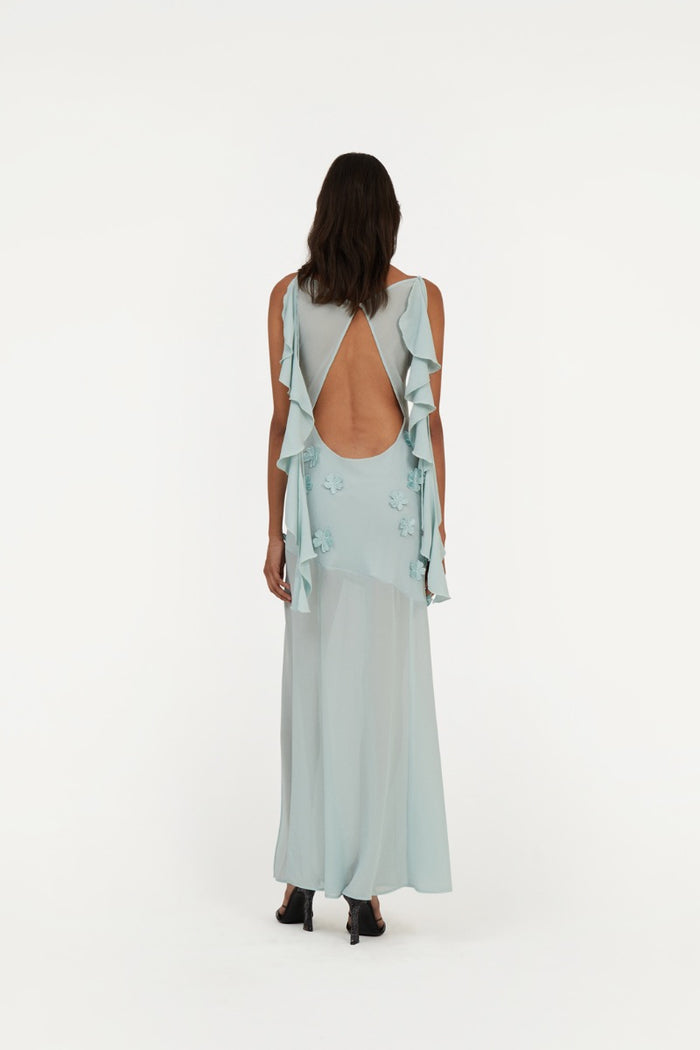 Abito lungo con scollo all'americana blu<BR/>-4