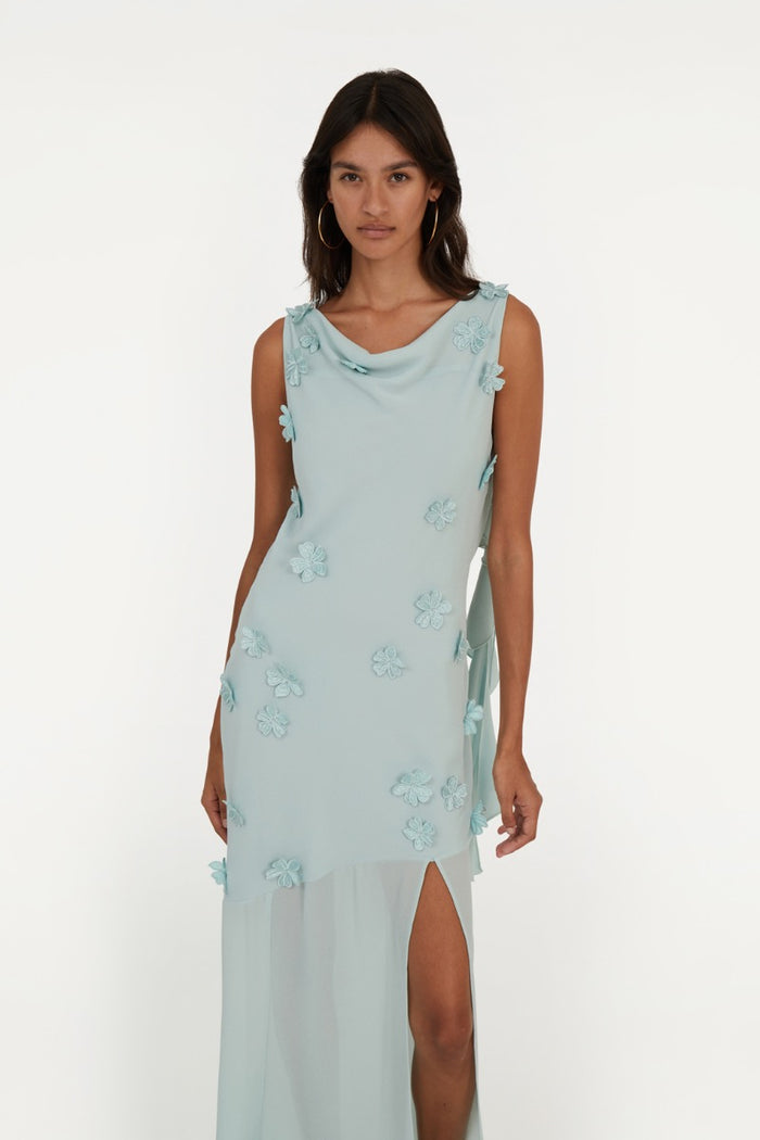 Abito lungo con scollo all'americana blu<BR/>-5