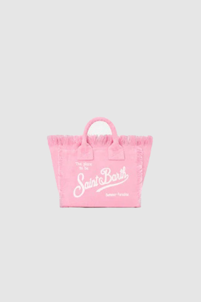 Borsa Vanity mini in lino rosa tinta unita con tracolla removibile-1