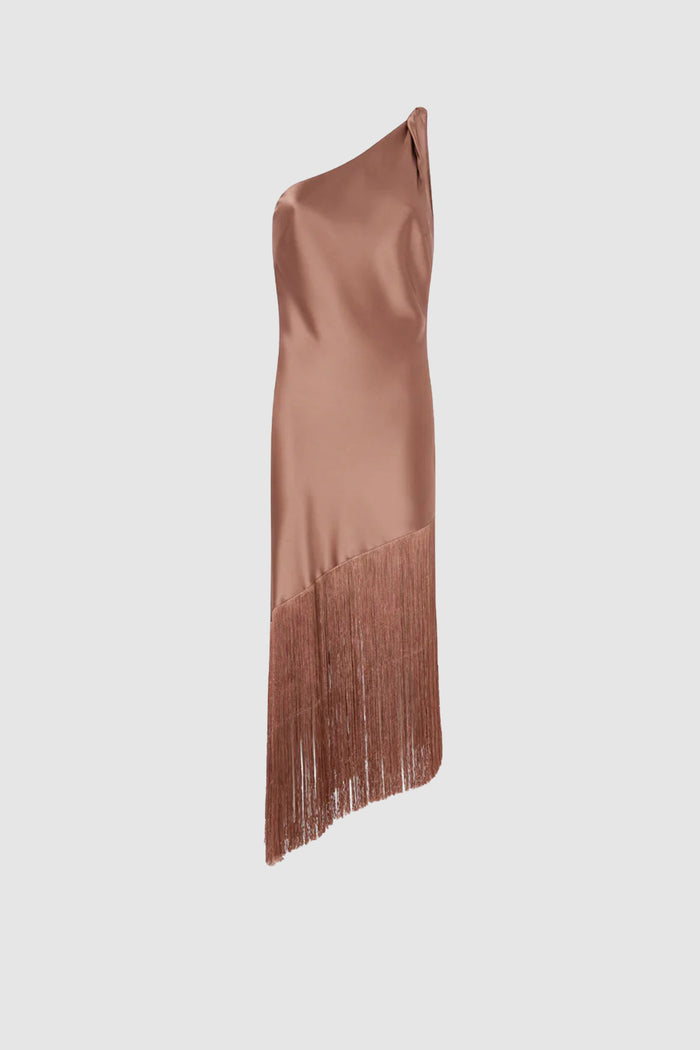 Abito corto monospalla in satin con frange-1