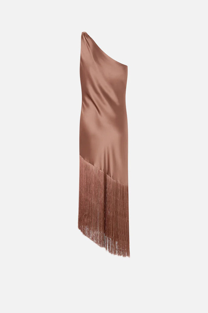 Abito corto monospalla in satin con frange-2