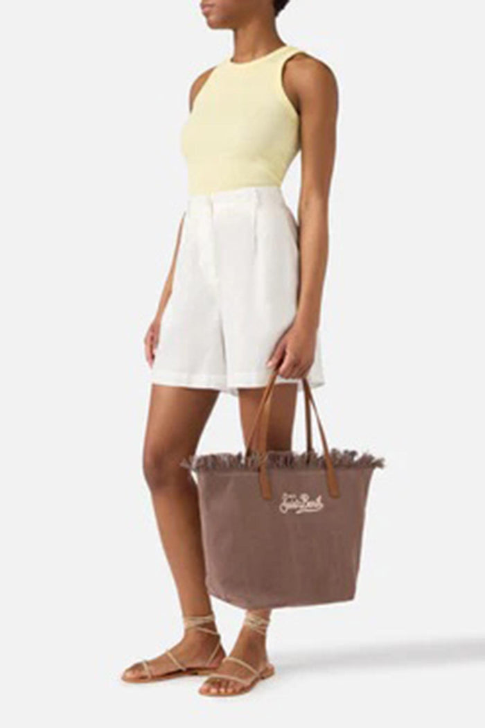 Borsa City regular in canvas marrone con frange-3