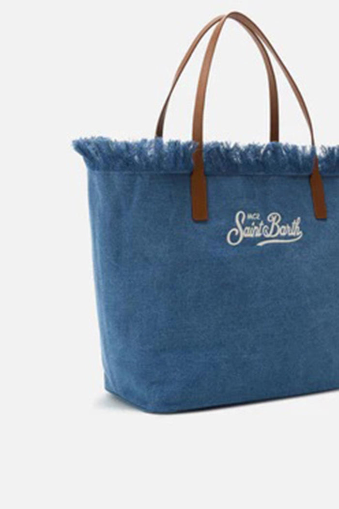 Borsa City regular in tessuto denim con frange-3