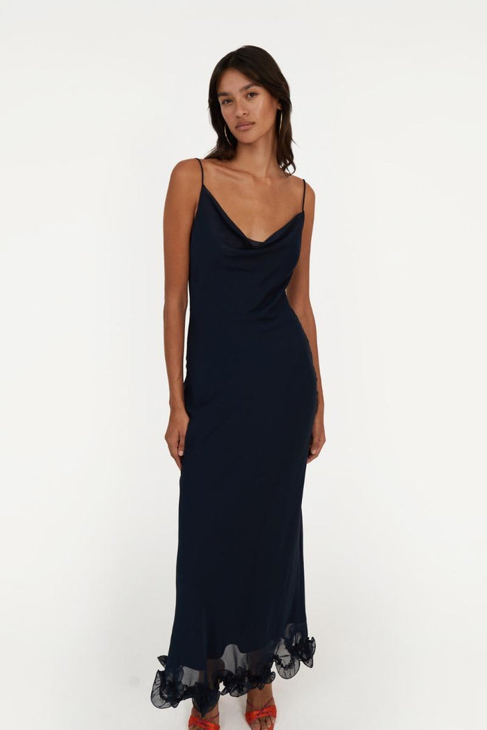 Abito sottoveste in chiffon con volant blu scuro-5