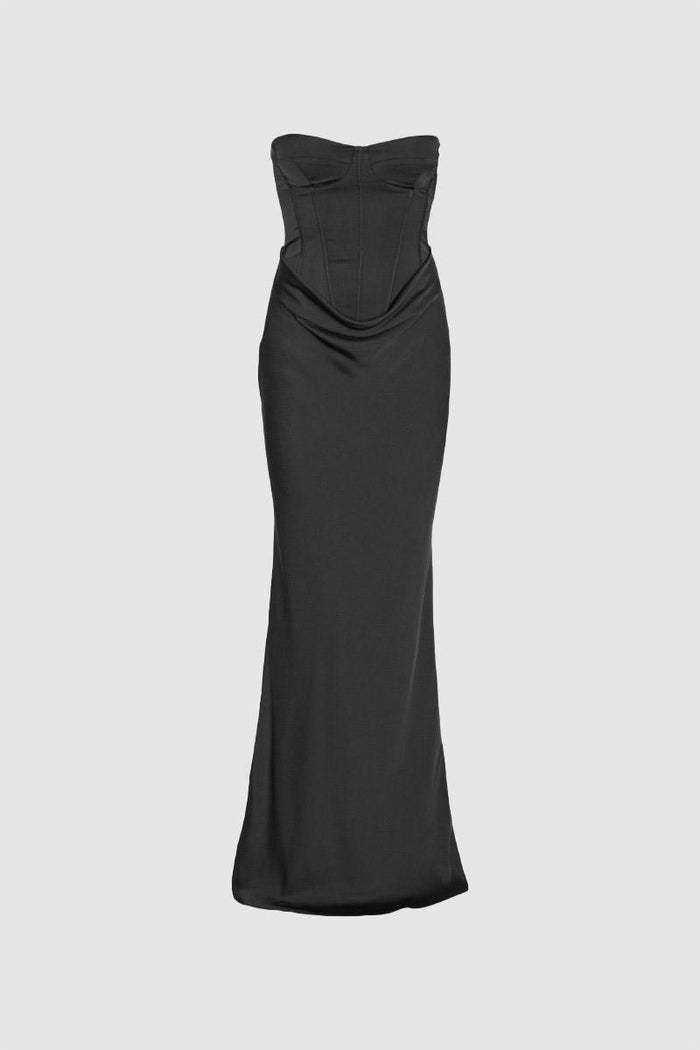 Abito lungo con corsetto in raso nero