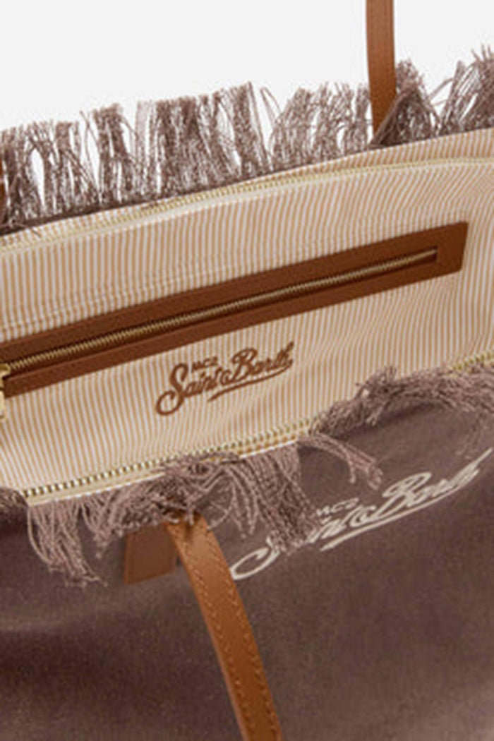 Borsa City regular in canvas marrone con frange-5
