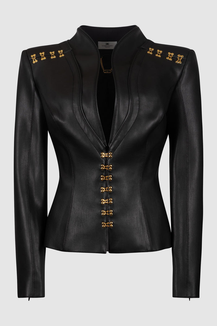 Giacca in Pelle Nera con Ganci Gioiello