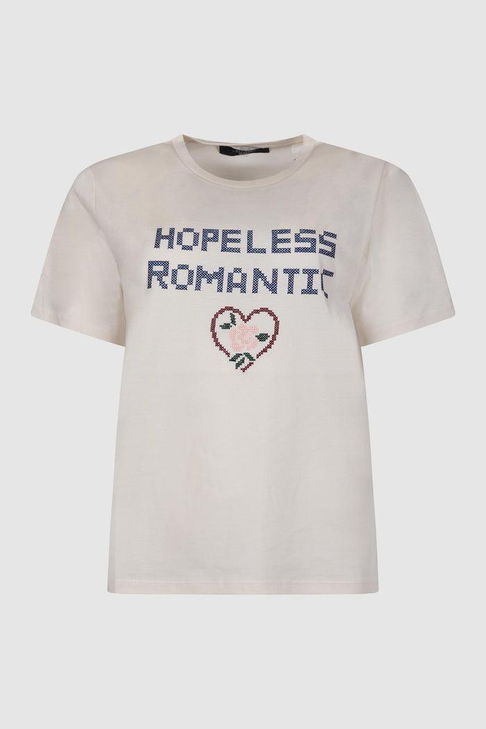T-shirt in cotone con stampa e ricami - Bianco