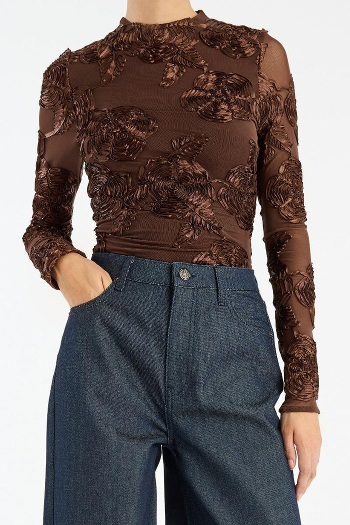 Top a maniche lunghe in rete floreale marrone scuro-6
