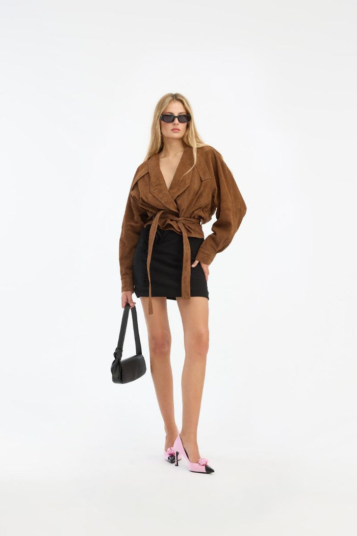Giacca bomber in pelle scamosciata marrone-4