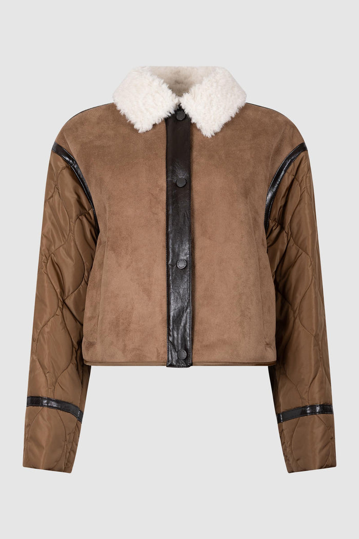 Giacca crop in effetto suede e tessuto tecnico - Cammello-1