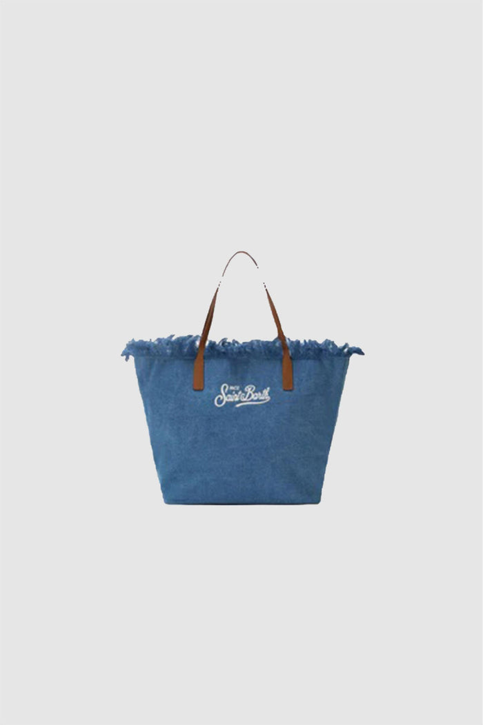 Borsa City regular in tessuto denim con frange