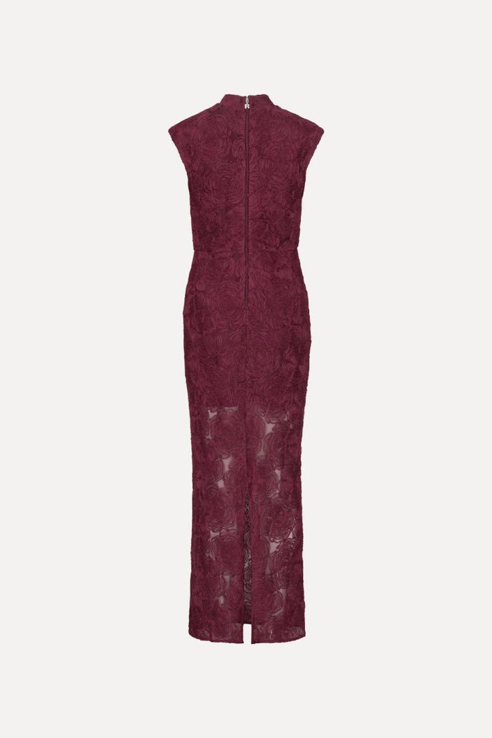Abito lungo a rete con stampa floreale color bordeaux-2