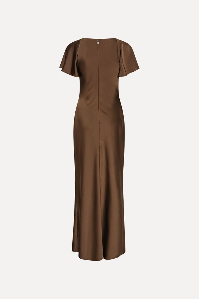 Abito in raso con maniche fluide marrone scuro-2