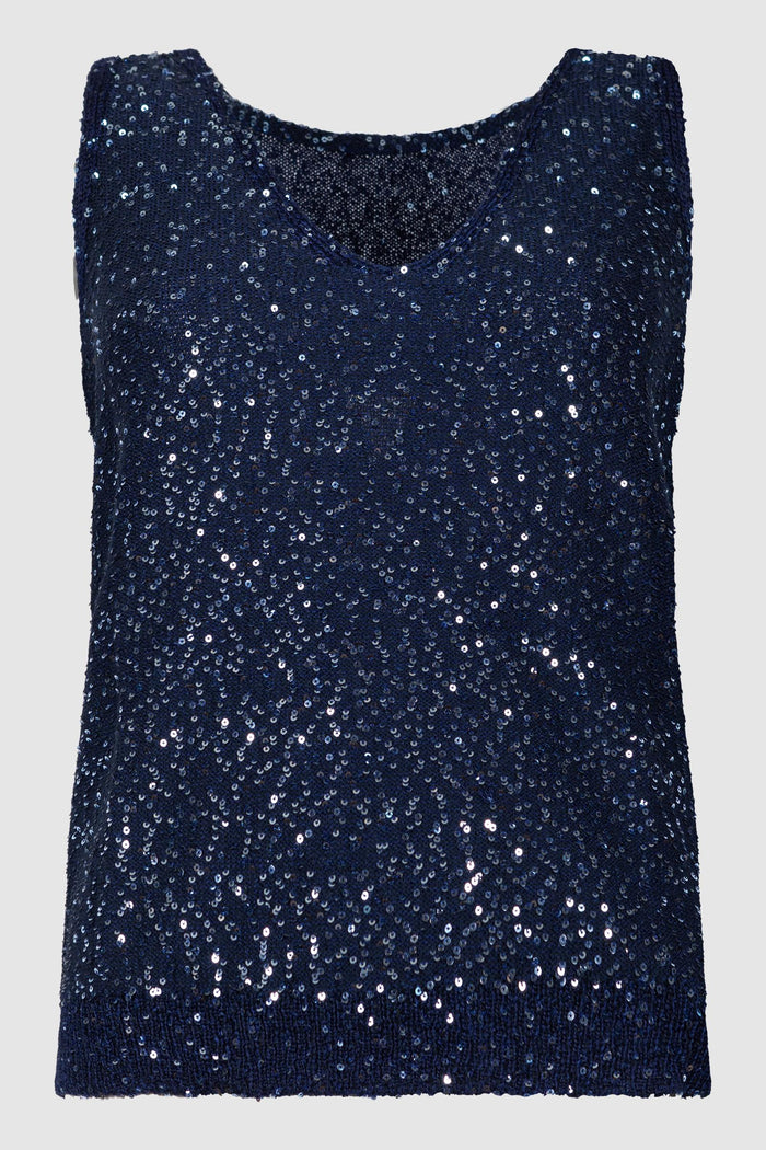 Maglia smanicata con paillettes - Blu-1