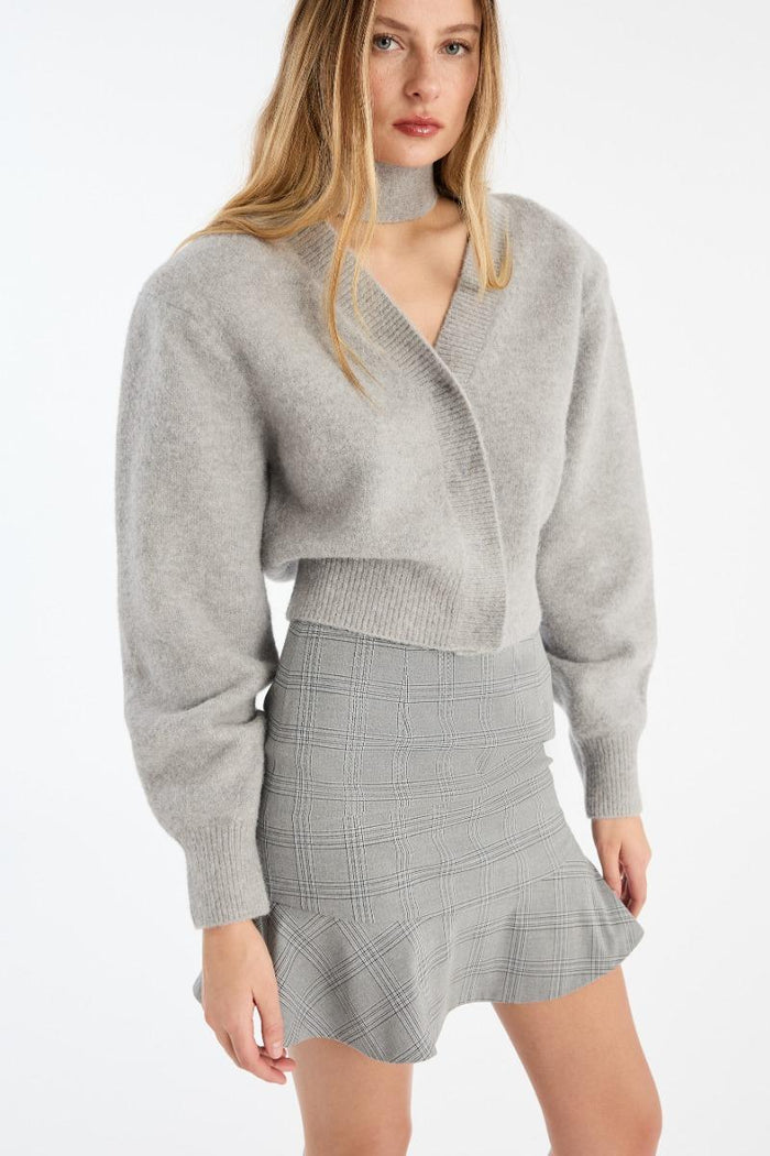 Cardigan con sciarpa in maglia grigio chiaro-4