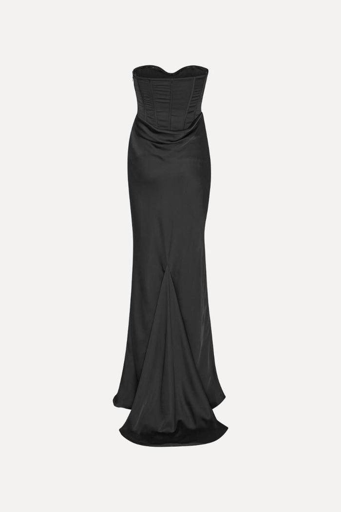 Abito lungo con corsetto in raso nero-4