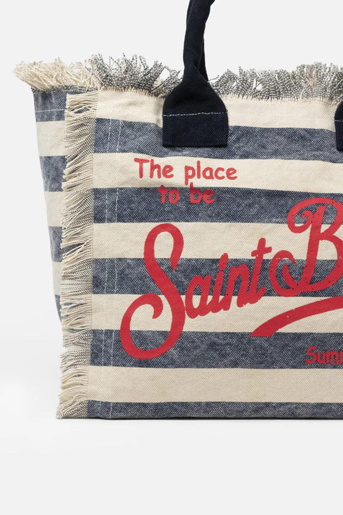 Vanity borsa tote in tela di cotone a righe blu-3