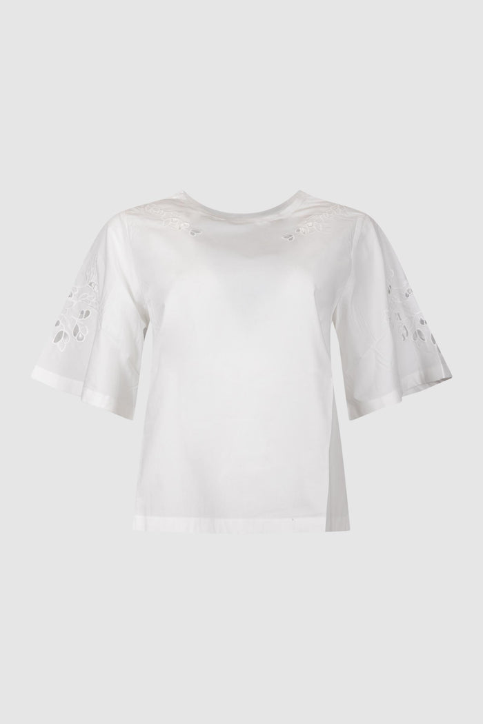 Top in popeline di cotone con ricami - Bianco