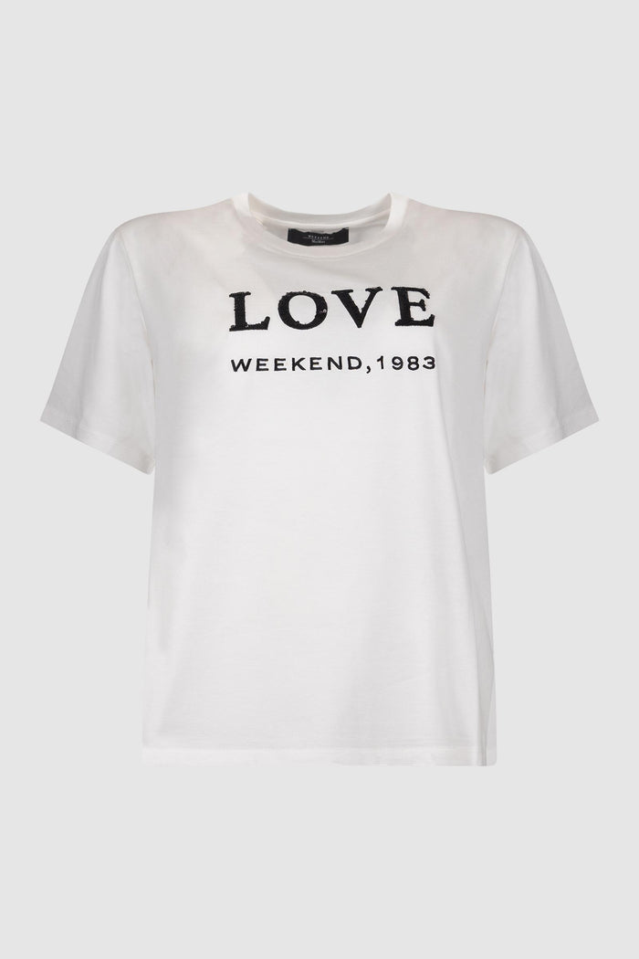 T-shirt in jersey con stampa e ricami - Bianco