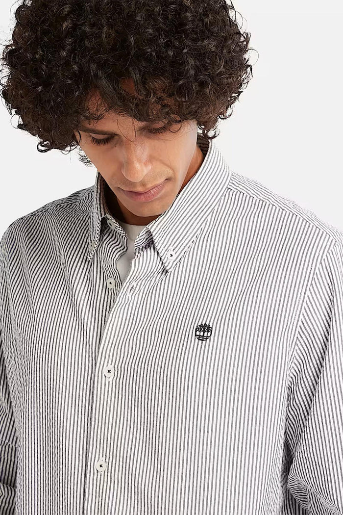 Camicia Seersucker a Maniche Lunghe a Righe da Uomo in blu scuro-6