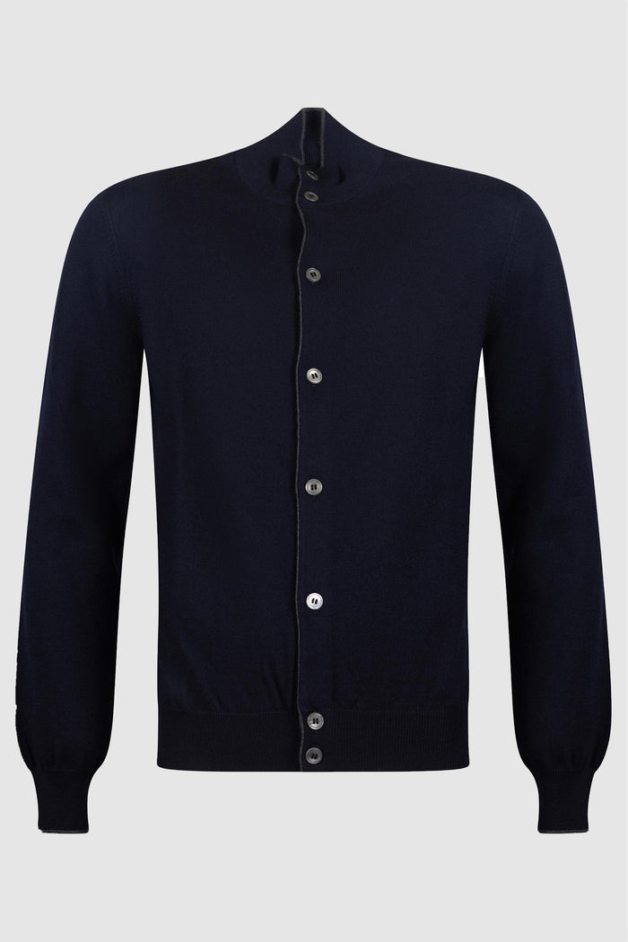 Cardigan in Lana Merino Extrafine con Collo Alto e Bottoni