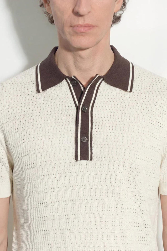Maglia polo in seta a punto diagonale con dettagli a contrasto panna<BR/><BR/>-2