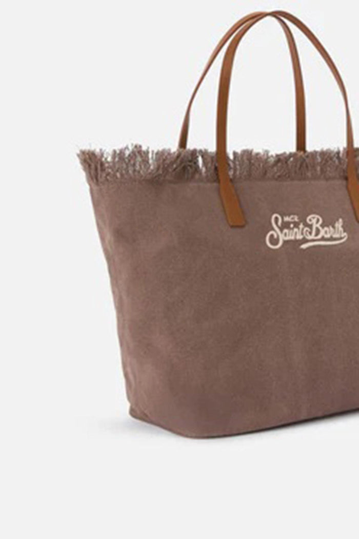 Borsa City regular in canvas marrone con frange-4