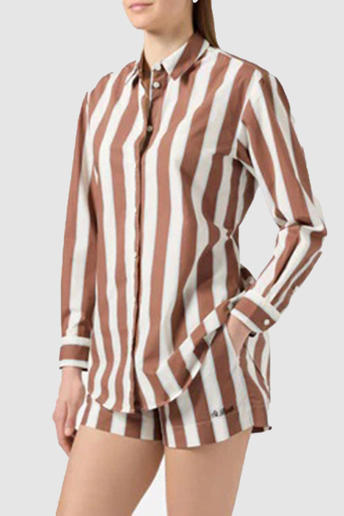 Camicia Brigitte in cotone a righe marroni con ricamo Sport Club