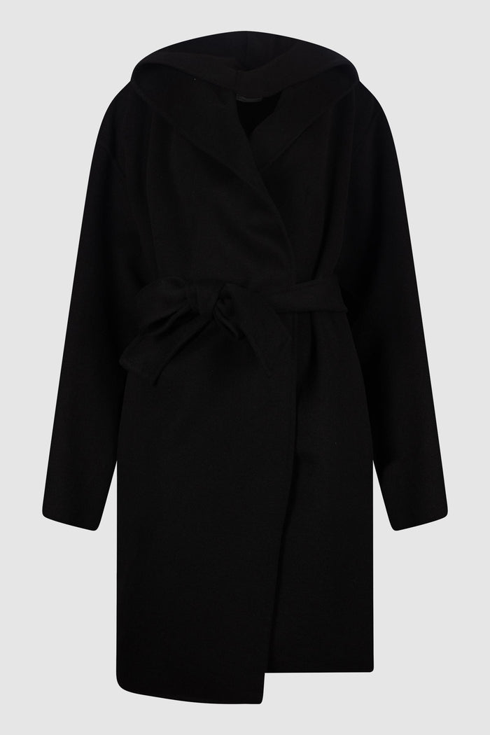 Cappotto con cappuccio e cintura in lana