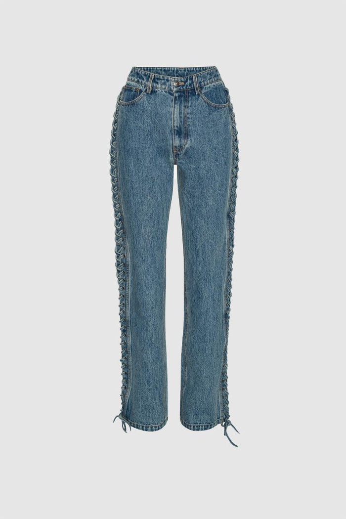 Jeans a gamba dritta con lacci blu denim