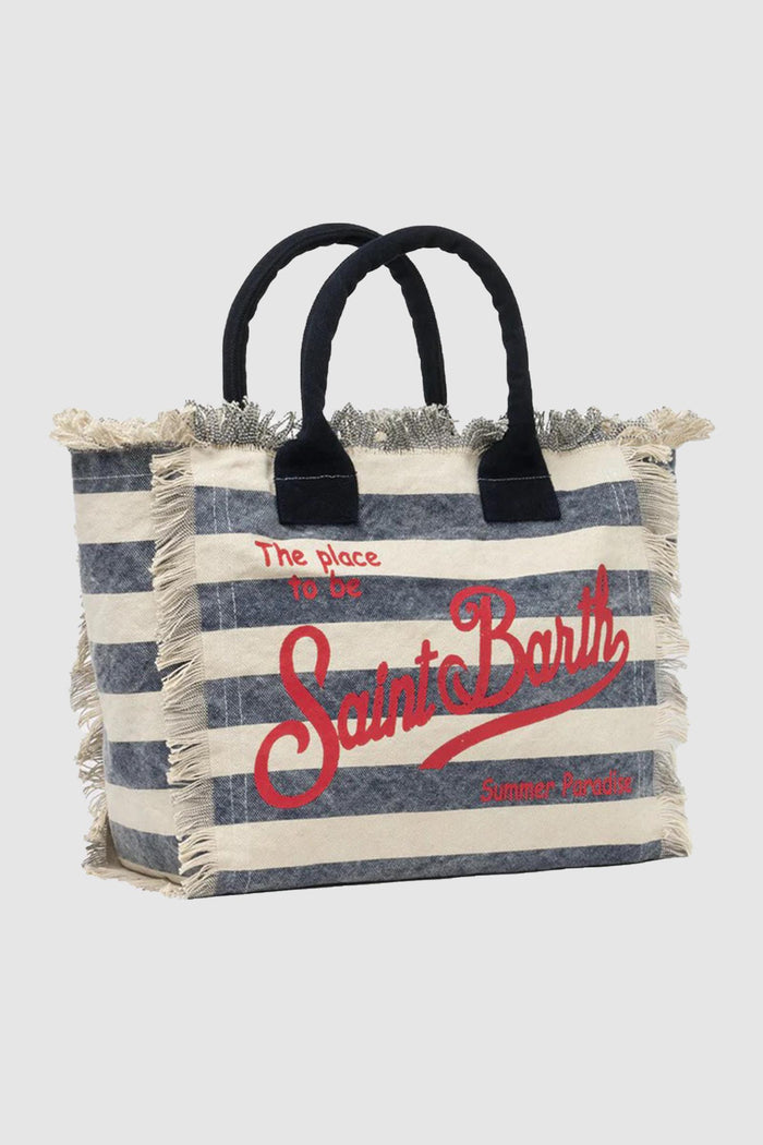 Vanity borsa tote in tela di cotone a righe blu-2