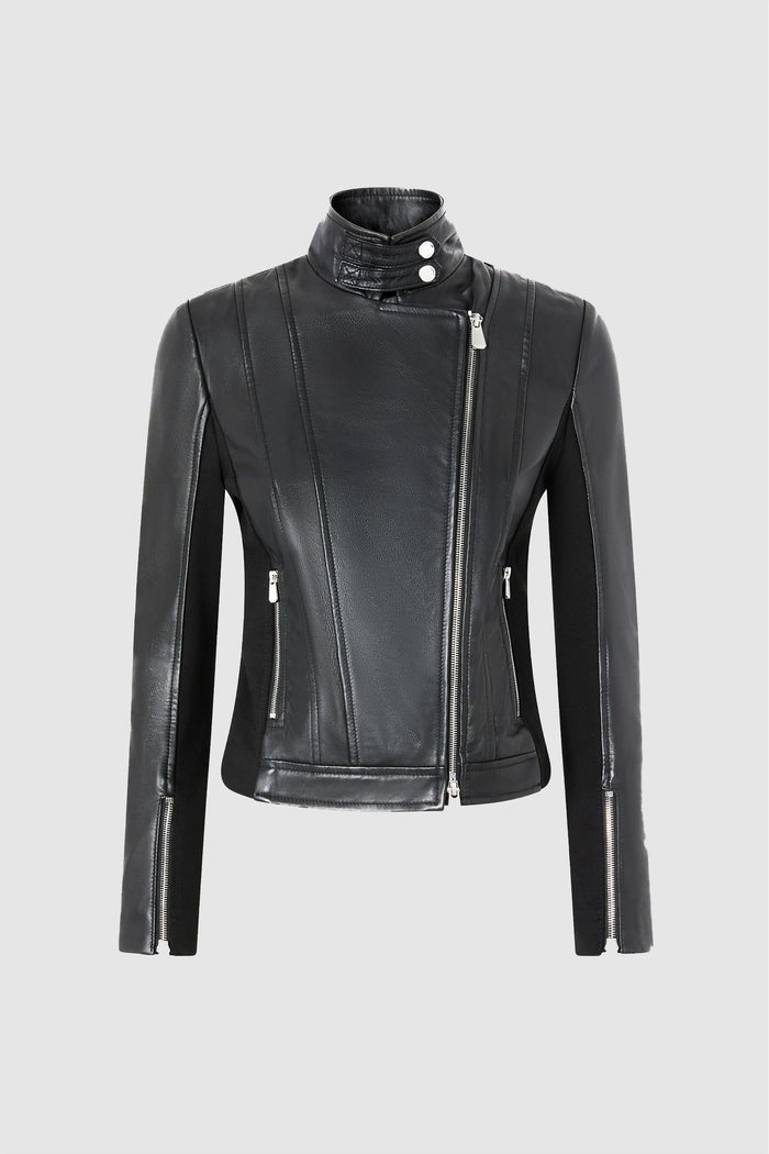 Giubbino biker in pelle con retro in tessuto