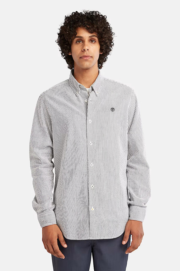 Camicia Seersucker a Maniche Lunghe a Righe da Uomo in blu scuro-2
