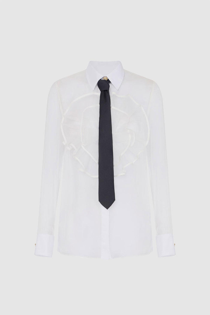 Camicia in voile di seta con ruches e cravatta