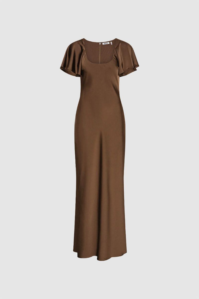 Abito in raso con maniche fluide marrone scuro