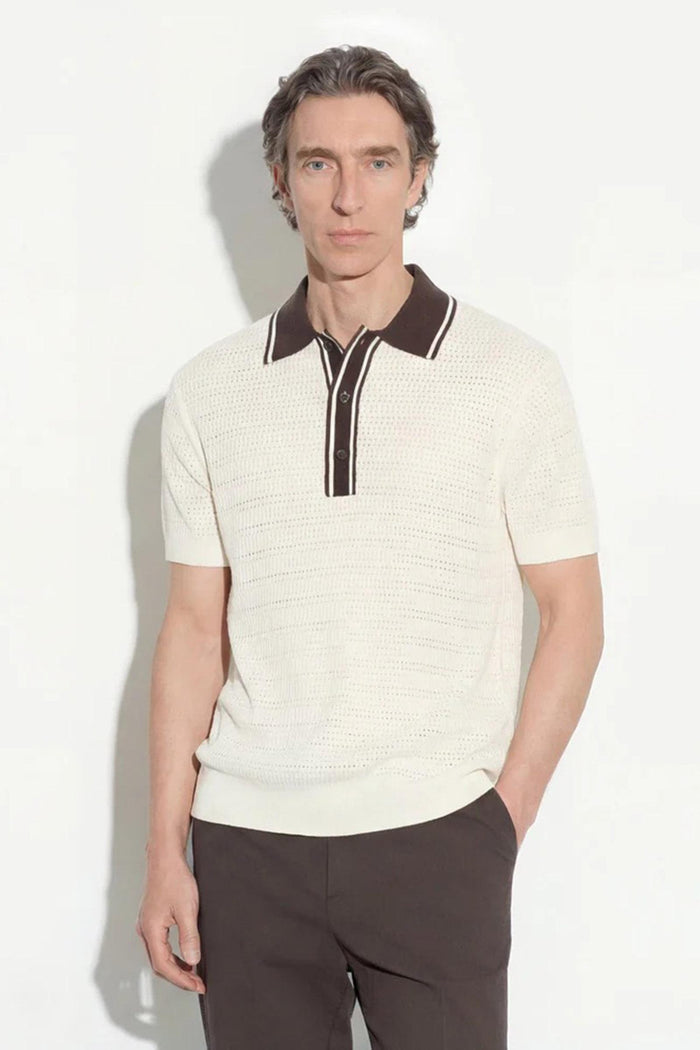 Maglia polo in seta a punto diagonale con dettagli a contrasto panna<BR/><BR/>-4