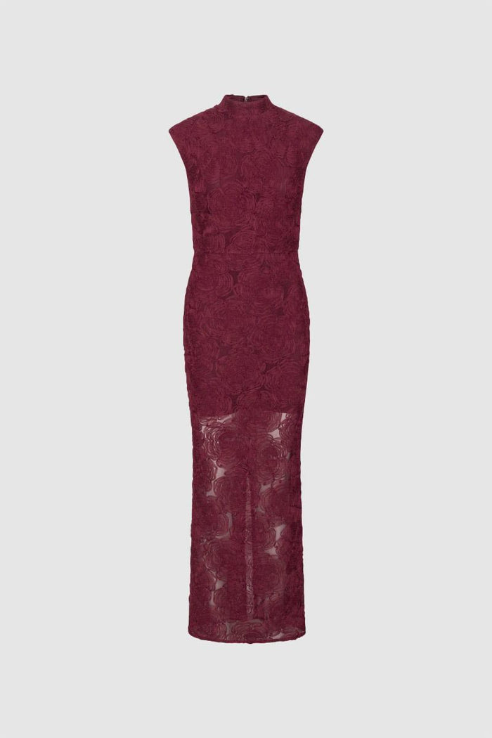 Abito lungo a rete con stampa floreale color bordeaux-1