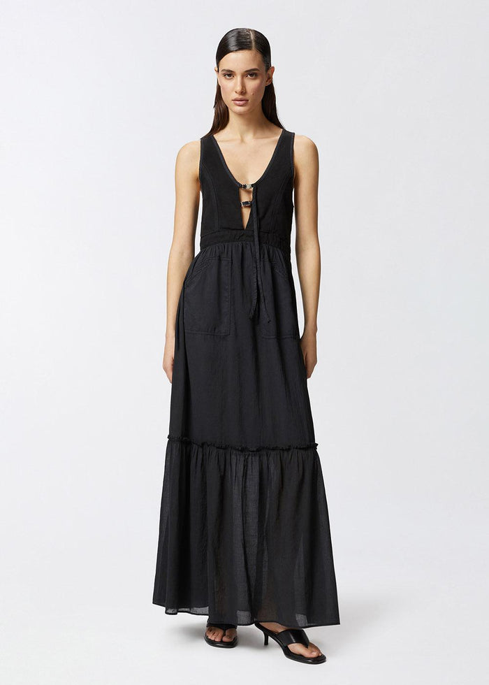 Vestito lungo smanicato in cotone con scollo-3
