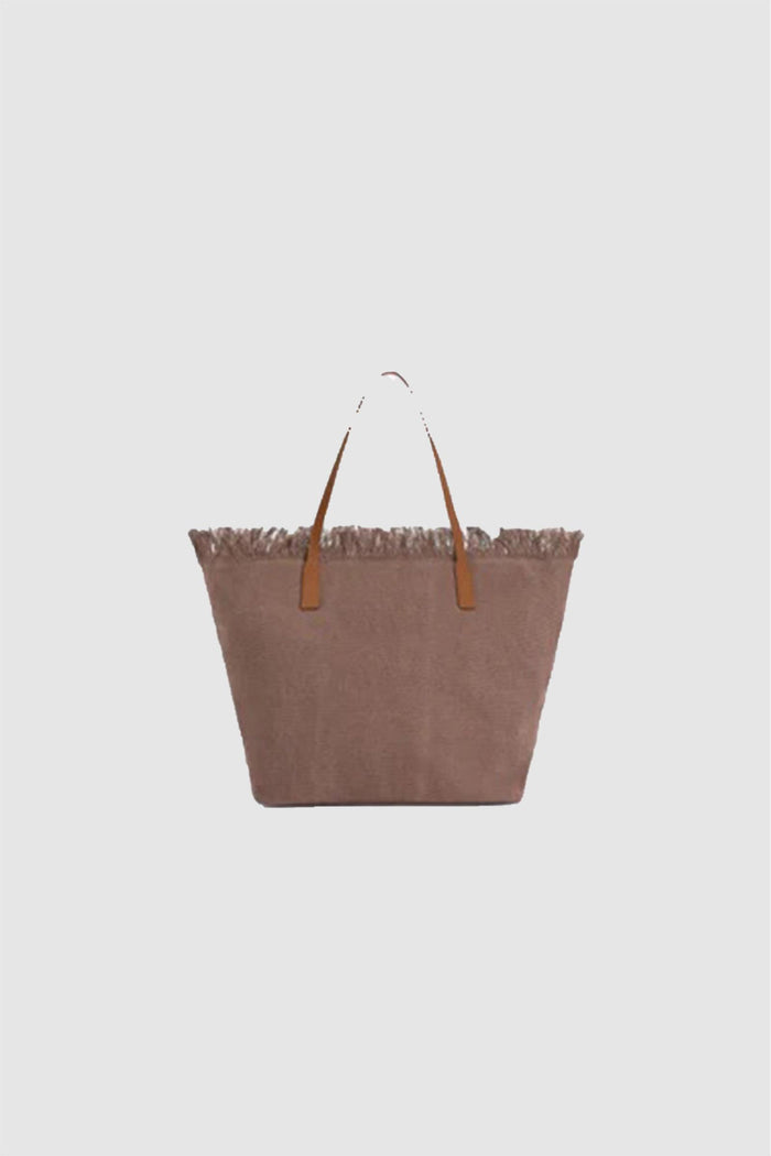 Borsa City regular in canvas marrone con frange-2