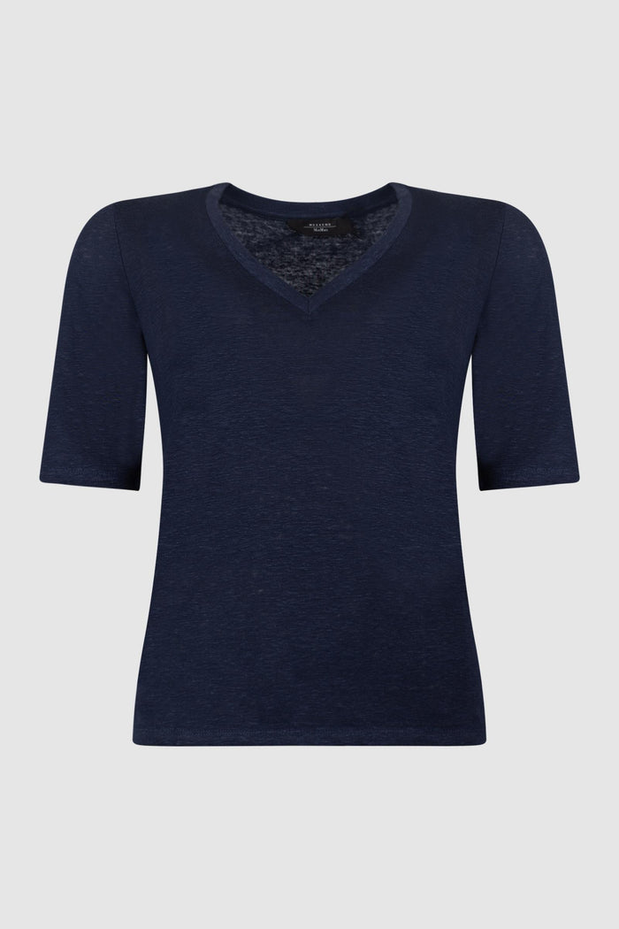 T-shirt a V in jersey di lino stretch