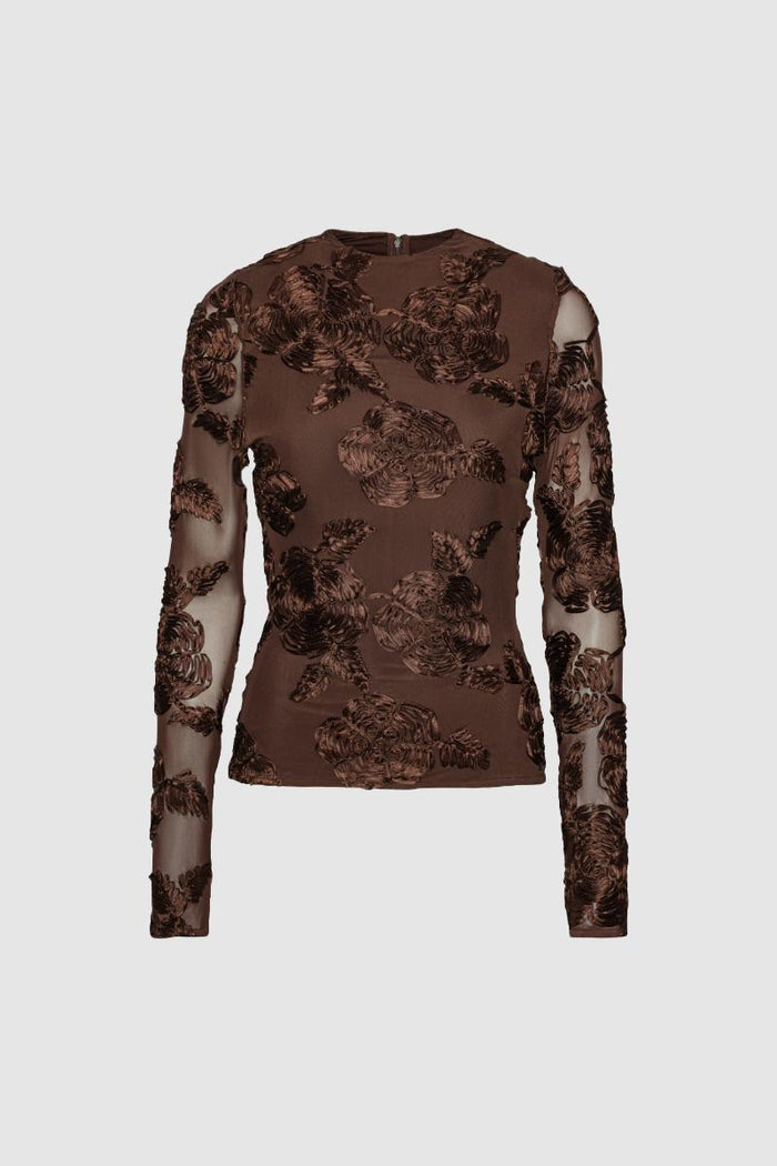Top a maniche lunghe in rete floreale marrone scuro