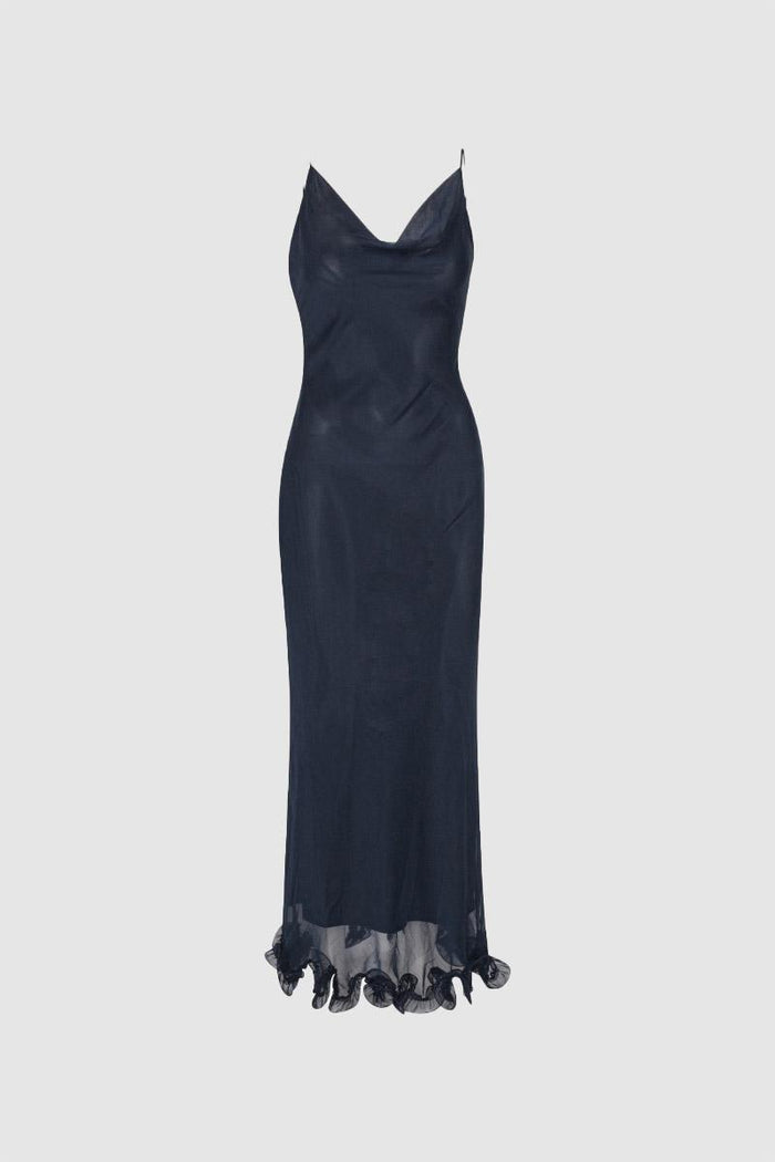 Abito sottoveste in chiffon con volant blu scuro