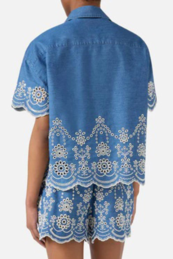 Camicia Clementine a maniche corte in chambray con ricamo floreale-3