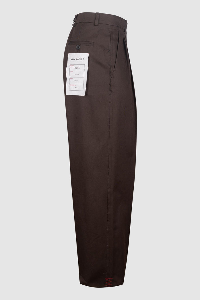 Pantaloni Classici a Vita Alta in Lana Marrone-2