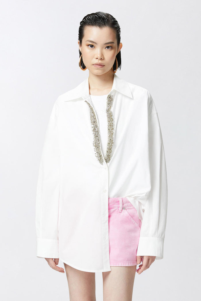 Camicia bianca scollo a V con strass-3